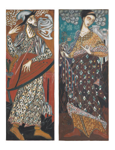 Dmitrii Semenovich Stelletsky (Russian, 1875-1947) A pair of allegorical panels: the Dawn and the Dusk each 59 x 22 cm (23 1/4 x 8 11/16 in).