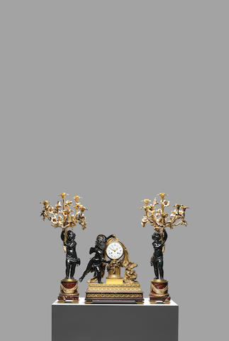 An impressive Napoleon III patinated and gilt bronze and rouge griotte marble figural clock garniture in the Louis XVI style and in the manner of Henry Dasson, the figural mounts after Claude Michel 'Clodion' (French, 1738-1814), the dial signed Ferdinand Berthoud A Paris  (3)
