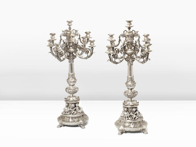 A pair of 19th century German parcel-gilt silver nine-light candelabra by Brahmfeld & Gutruf, Hamburg circa 1860