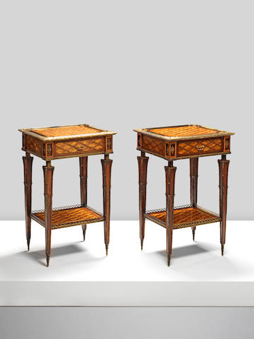 A pair of mid Victorian gilt bronze mounted satinwood, purpleheart and ebony parquetry occasional tables attributed to Donald Ross  (2)