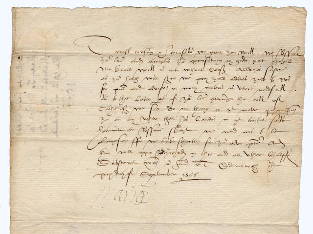 MARY QUEEN OF SCOTS Letter Signed ("Marie R" at foot) to [William Keith], the Earl Marischal of Scotland,  Edinburgh, 19 September 1566