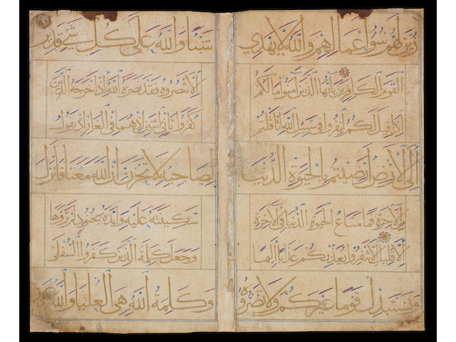 A large Qur'an bifolium, probably copied by a follower of Yahya ibn Nasir Inju'id Persia, Shiraz, mid-14th Century