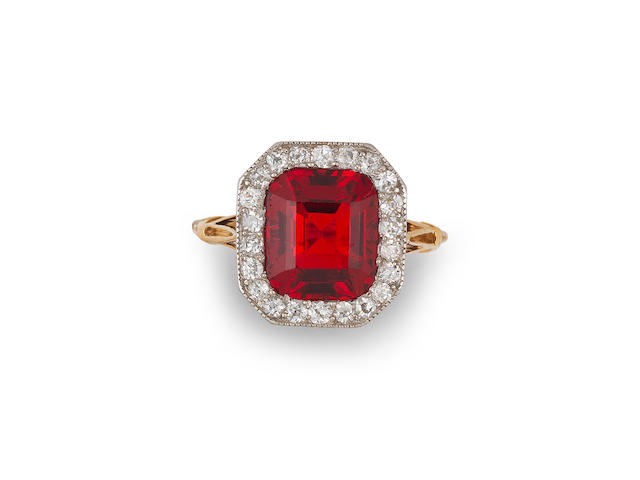 A spinel and diamond ring,