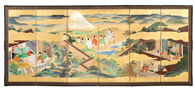 A PAIR OF SIX-PANEL FOLDING SCREENS DEPICTING SCENES FROM ISE MONOGATARI (THE TALES OF ISE) Edo period (1615-1868), 18th century (2)