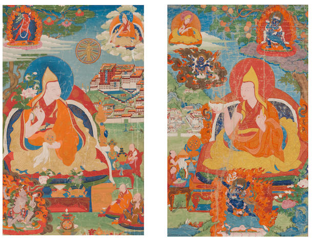 Two rare thangkas of the Fourth and Fifth Dalai Lamas Tibet, circa 1900 (2)