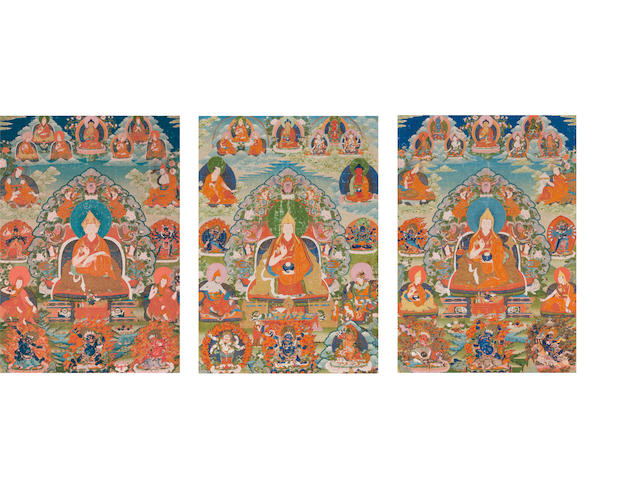 An exceptionally rare complete set of thangkas of the Panchen Lamas of Tashilhunpo Tibet, circa 1835