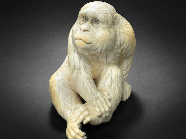 An ivory okimono of a monkey  By Ishikawa Komei (1852-1913), Meiji era (1868-1912)