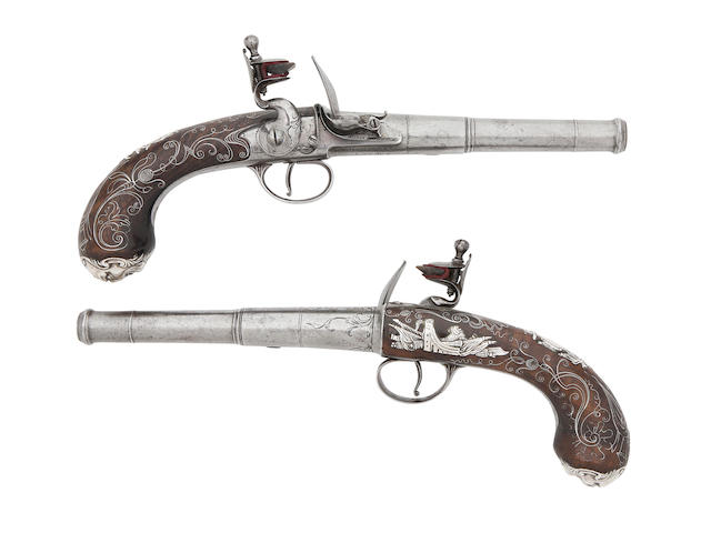 A Pair Of 25-Bore Flintlock Silver-Mounted Turn-Off Pistols (2)