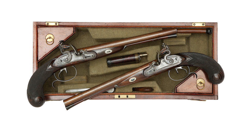 A Fine Cased Pair Of 28-Bore D.B. Flintlock Carriage Pistols