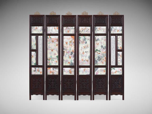A Chinese carved hongmu six-fold screen with ceramic-plaque insets Dated by inscription 1831, with possibly later parts  (6)
