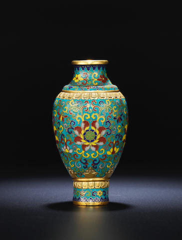 A rare Imperial gilt-bronze and cloisonn&#233; enamel 'lotus' vase Incised Qianlong six-character mark and shu character mark and of the period