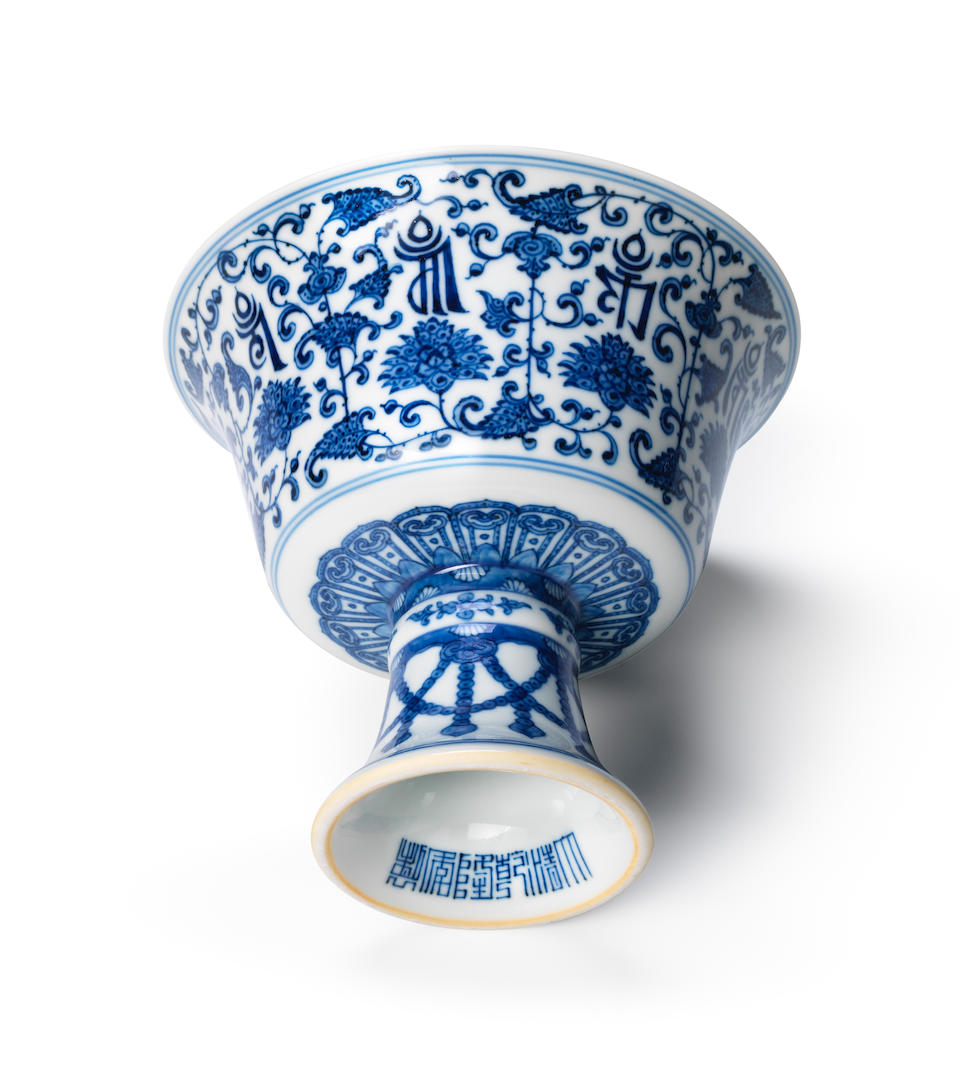 A fine Imperial blue and white 'lan&#231;a character' stem cup Qianlong seal mark and of the period (2)