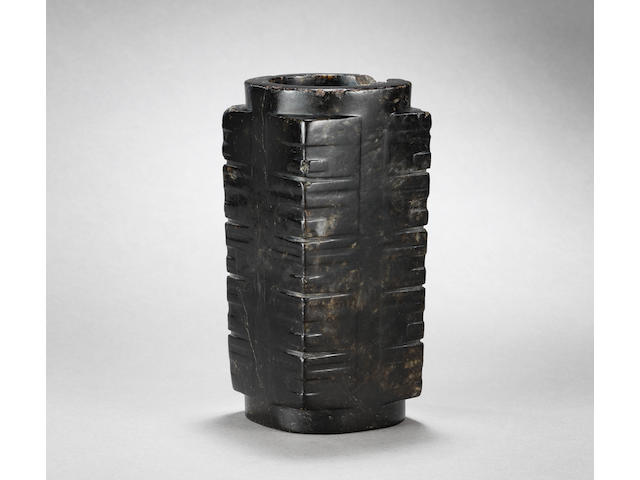 A rare black jade ritual vessel, cong Neolithic Period, Liangzhu Culture