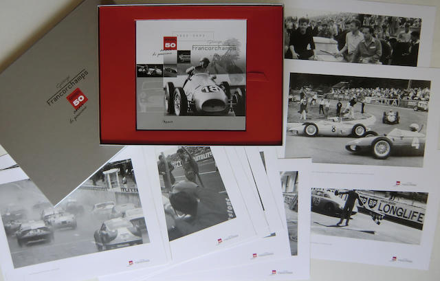 Case '50 ans Garage Francorchamps' containing a book and 20 photos 30 x 40cm plus a framed photomontage showing a 250 LM Ecurie Francorchamps at Le Mans in 1968 by P. Dumay & G. Gosselin (83 x 63cm)