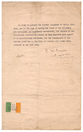IRELAND -  PATRICK PEARSE & THE EASTER RISING The Order of Surrender, typed and signed (P. H. Pearse) and dated (29th April 1916/ 3.45 p.m.) image 1
