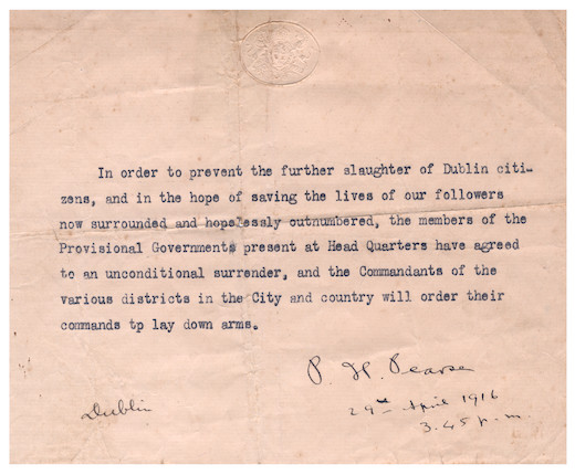 IRELAND -  PATRICK PEARSE & THE EASTER RISING The Order of Surrender, typed and signed (P. H. Pearse) and dated (29th April 1916/ 3.45 p.m.) image 5