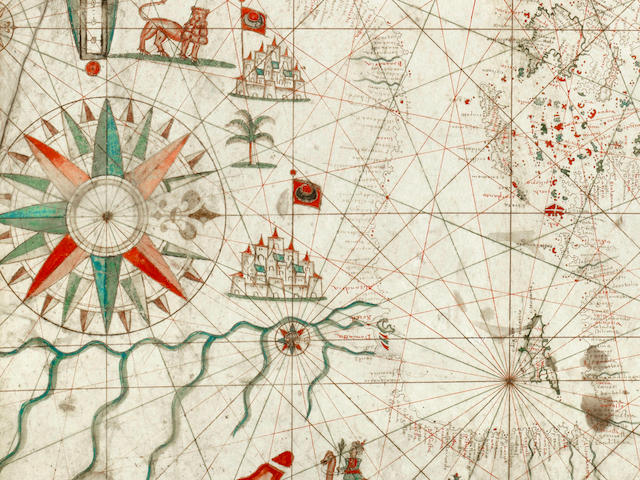 PORTOLAN CHART Portolan chart of the Mediterranean, centred on Sicily, extending from Holy Land to Northern Africa, the length of the Mediterranean to South West England and Wales, MANUSCRIPT ON VELLUM, captioned beneath roundel "[Placidus Cal]oiro et Oliva Fecit in Nobili urbe Messanae ano 1637"