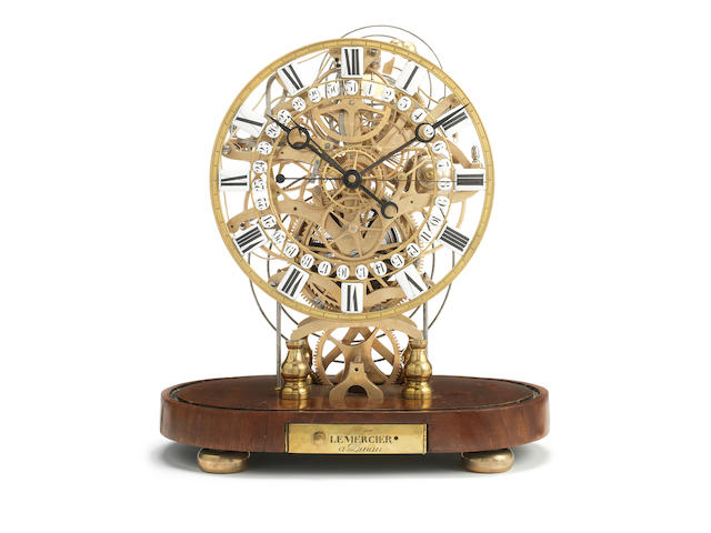 An interesting French brass skeleton clock   signed Lemercier, Dinan