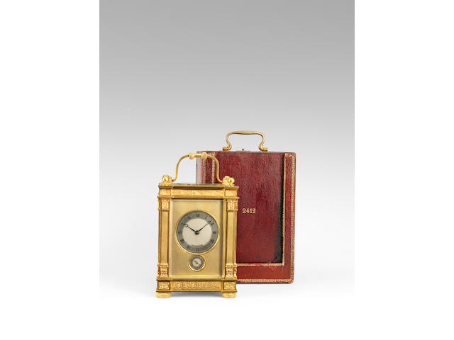 A very fine and rare early 20th century gilt brass grande- and petite-sonnerie striking carriage clock in original gilt-tooled morrocco leather travelling case  Breguet, 2, Rue Edouard VII, Paris, number 2412 2