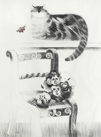 Mary Fedden R.A. (British, 1915-2012) Cat with butterfly and chair