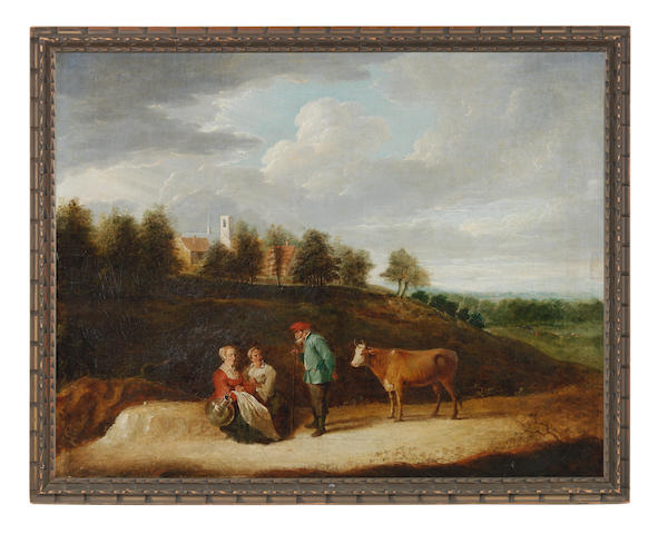 Circle of David Teniers the Younger (Flemish, 1610-1690) Drovers with a cow on a country path