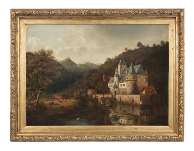 Continental School, 19th Century A river landscape with a castle