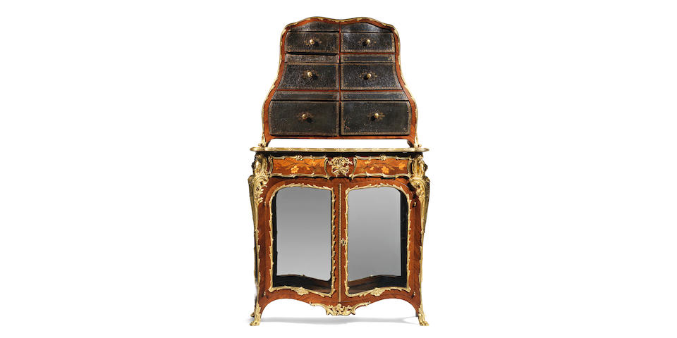 A French late 19th century ormolu mounted kingwood, bois satine and marquetry cartonnier secretaire attributed to Joseph Emanuel Zwiener (1849-1895)