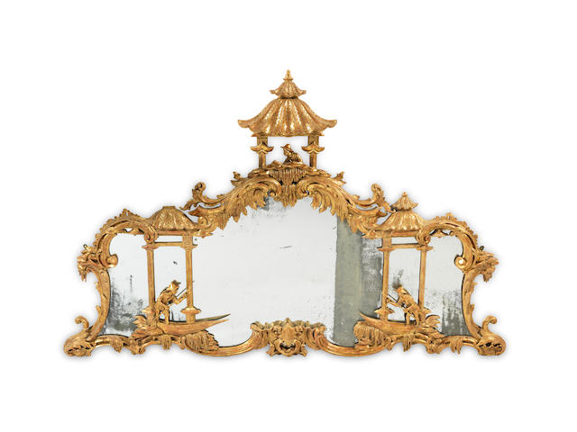 A carved giltwood landscape overmantel mirror in the George II Chippendale Director style