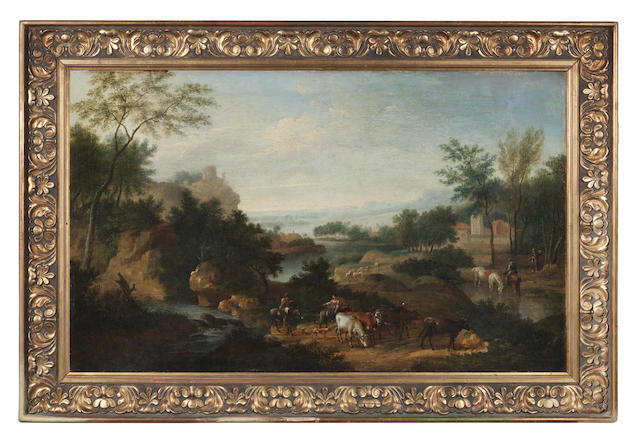 Flemish School, 17th Century Drovers in an extensive river landscape