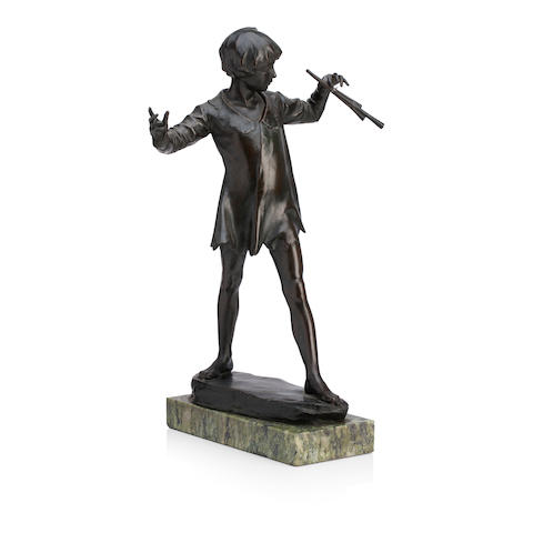 Sir George James Frampton (English, 1860-1928); A Rare and Early Bronze Figure of Peter Pan SIGNED IN CAST WITH ARTIST'S MONOGRAM; 1911
