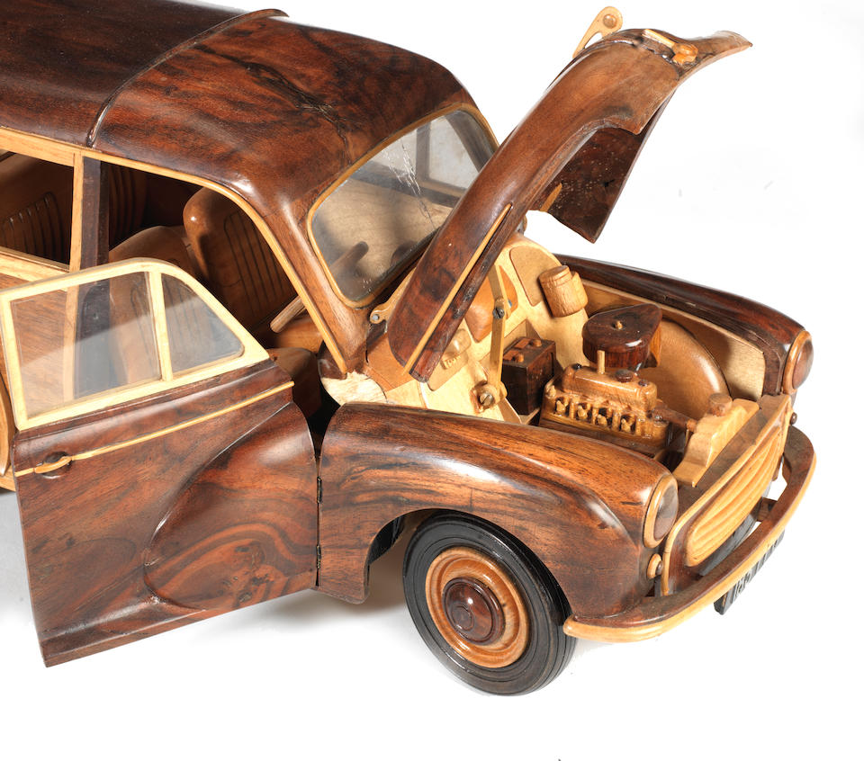 Three scratch-built wooden scale models of a Citroen 2CV, a Mini and a Morris Minor Traveller by Philip Miller,    ((3))