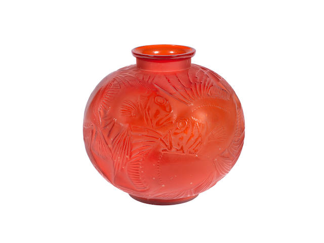 A Ren&#233; Lalique Frosted and Polished Red Glass 'Poissons' Vase ENGRAVED AND MOULDED 'R.LALIQUE'; PRE 1947