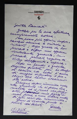 Lettre manuscrite, sign&#233;e par Enzo Ferrari  16x21 cm