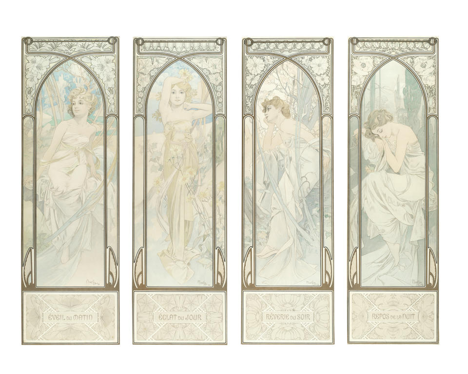 Alphonse Mucha (Czech, 1860-1939); 'TIMES OF THE DAY' (Les Heures du jour) A SET OF FOUR LITHOGRAPH POSTERS  PRINTED FACSIMILE SIGNATURES; 1899