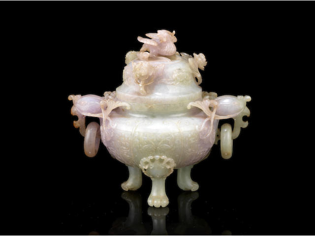 A lavender and green jadeite tripod incense burner and cover 20th century (3)
