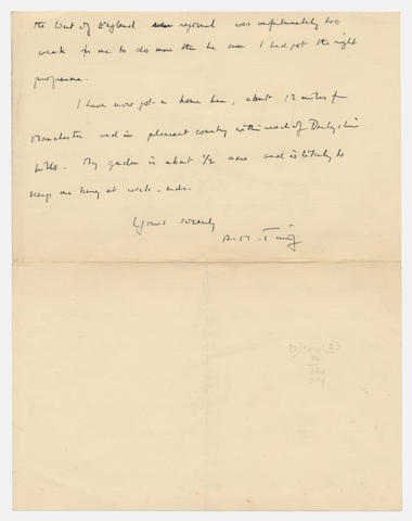 TURING (ALAN) Autograph letter signed ("A.M. Turing"), to his former mathematics teacher D.B. Eperson ("Dear Eperson"), describing his work on computers at Manchester University: Hollymeade, Adlington Road, Wilmslow, [? summer 1950]