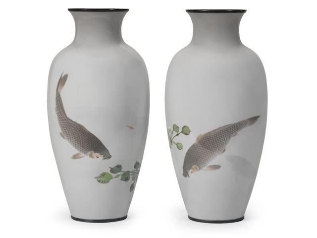 A fine pair of slender cloisonn&#233;-enamel baluster vases  By Namikawa Sosuke (1847-1910), Meiji era (1868-1912), late 19th century (2)