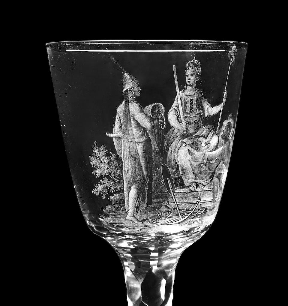 A superb Dutch stipple-engraved wine glass by David Wolff with an allegory of Amsterdam, circa 1787-90