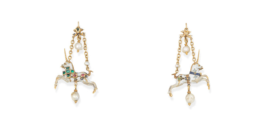 A Neo-Renaissance gold, enamel and gem-set unicorn pendant,