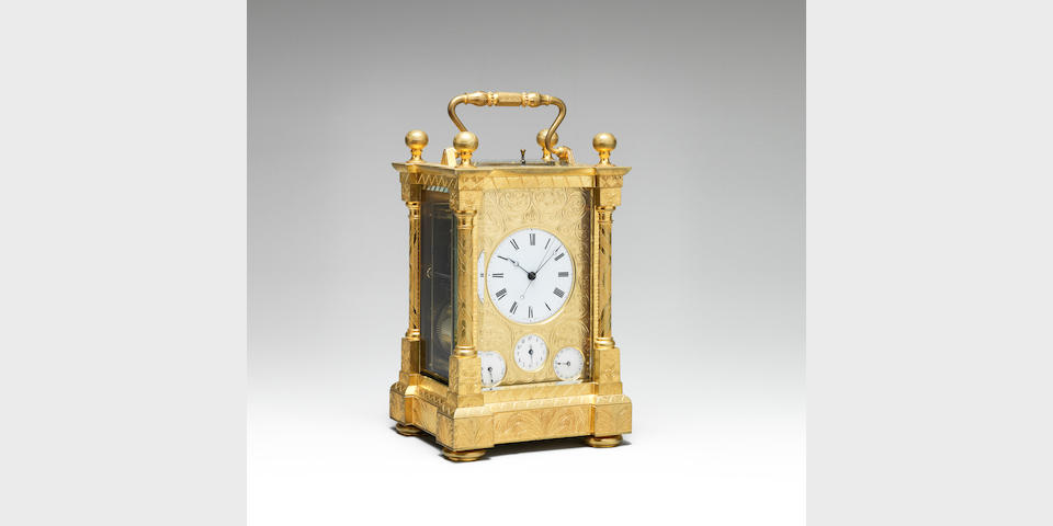 A fine and rare mid 19th century French engraved brass centre seconds chronometer carriage clock with calendar, centre seconds and alarm Bolviller