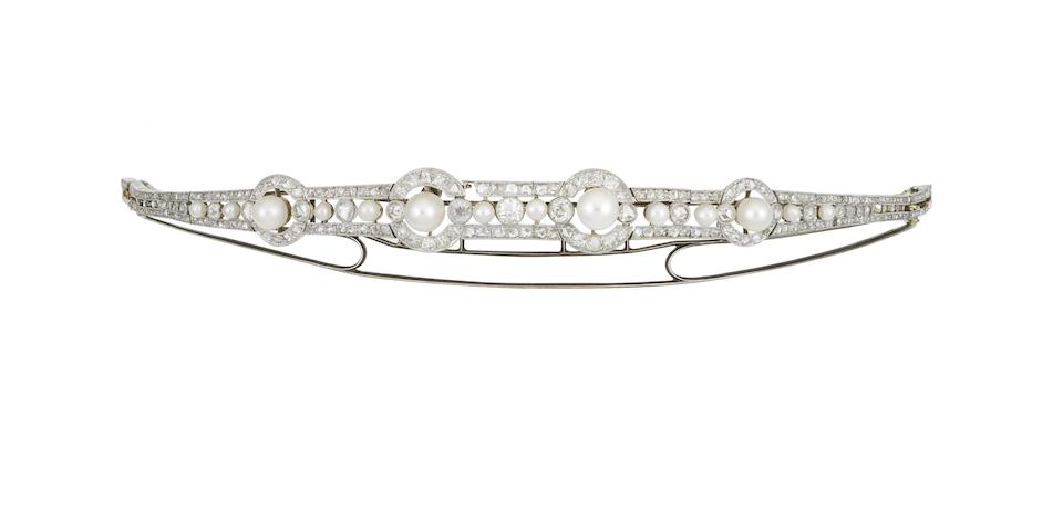 An early 20th century natural pearl, cultured pearl and diamond bracelet/diadem (2)