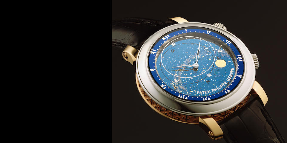 Patek Philippe. An extremely fine and rare platinum and rose gold automatic astronomical wristwatch with sky chart, phase and orbit of the moon, time of meridian, passage of Sirius and the moon Celestial, Ref: 5102PR-001, Circa 2009