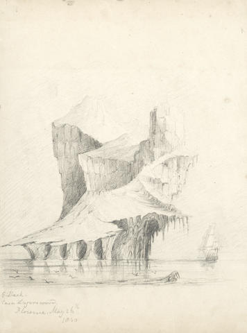 Admiral Sir George Back (British, 1796-1878) H.M.S. Terror off a spectacular iceberg, apparently in the Davis Strait, between Canada and Greenland (Together with a pencil sketch of a walrus on an envelope flap with wax seal, unframed. (2))