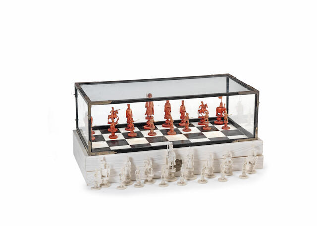 Bonhams A Good Anglo Indian Vizagapatam Ivory And Ebony Gaming Box Chess Together With A Carved Ivory Chinese Canton Export George Iii And Emperor Figural Chess Set The Box Circa 1800 The