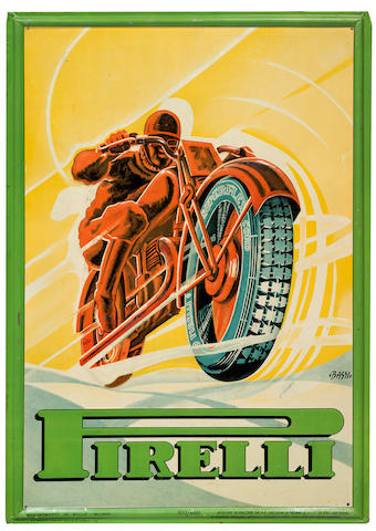 Rare panneau publicitaire &#171; Pirelli &#187; en t&#244;le lithographi&#233;e, d'origine italienne, 1938,