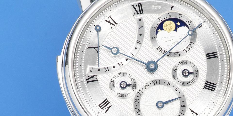 Breguet. A very fine and rare manual wind minute repeating perpetual calendar wristwatch with power reserve Ref: 5447, Circa 2006