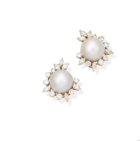 Bonhams : A pair of cultured pearl and diamond earclips,