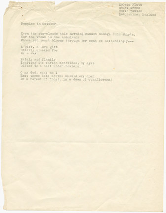 PLATH (SYLVIA) Typescript of the poem 'Poppies in October', 1962 image 1