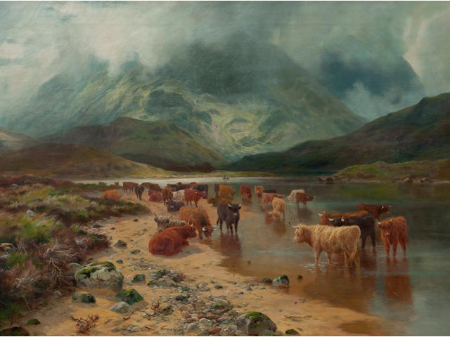 Louis Bosworth Hurt (1856-1929) Cattle watering in a misty Highland glen 100 x 151 cm. (39 3/8 x 59 7/16 in.)