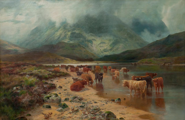 Louis Bosworth Hurt (1856-1929) Cattle watering in a misty Highland glen 100 x 151 cm. (39 3/8 x 59 7/16 in.)